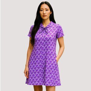 Vintage Large Womens Purple Floral Bow Tie Neck Sheath Dress Retro Coquette